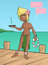 anklet barefoot blonde_hair dark_skin dialogue flower happy_trance ice_cream kingdom_hearts male_only malesub mr.h open_mouth pink_eyes pink_hibiscus_resort short_hair smile symbol_in_eyes tech_control text topless ventus_(kingdom_hearts) rating:Questionable score:26 user:Mr.H