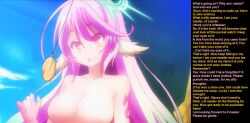 bottomless breasts caption femsub jibril large_breasts long_hair manip misterman4_(manipper) no_game_no_life nude pendulum pink_hair pocket_watch text topless rating:questionable score: user:misterman4