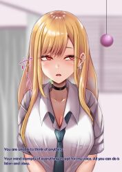 amagiri_miki blonde_hair blush breasts choker cleavage collarbone drool earrings empty_eyes expressionless femsub hard_translated large_breasts long_hair maledom marin_kitagawa my_dress-up_darling open_mouth pendulum red_eyes school_uniform text tie tongue translated rating:Safe score:23 user:roseateheart