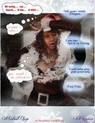 3d absurdres brown_eyes brown_hair christmas comic dazed eye_roll femsub fishnets hat lingerie magic maledom mistralonyx necklace open_mouth original poser resisting santa_hat standing text thighhighs thought_bubble underwear vvrayven rating:Questionable score:10 user:VVrayven