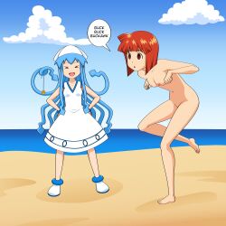 absurdres barefoot beach blue_hair bottomless breasts chicken_pose coin dialogue eiko_aizawa empty_eyes femdom femsub jimryu nude pendulum pet_play red_hair squid_girl squid_girl_(series) tentacles text topless rating:Questionable score:87 user:octopusdave