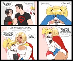 batman_(series) black_hair blonde_hair blue_eyes breasts cape cleavage cleavage_cutout collar comic crystal dc_comics english_text femdom femsub fingering flick-the-thief gloves harley_quinn kissing large_breasts leotard long_hair midriff muscle_girl open_mouth power_girl red_robin sexuality_change short_hair shorts speech_bubble super_hero superboy superman_(series) text thighhighs tim_drake twintails underwear western yuri rating:Explicit score:145 user:LesLes