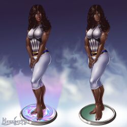 absurdres barefoot before_and_after dark_skin empty_eyes long_hair mannequin mezzberry muscle_girl original spiral_eyes symbol_in_eyes transformation rating:safe score: user:mezzberry