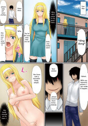 black_hair blonde_hair blush bottomless breasts comic femsub hair_band hard_translated large_breasts long_hair maledom nude open_mouth original shima_syu smile text topless translated rating:Questionable score:28 user:Cradily