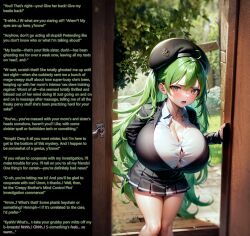 ai_art button_gap caption cleavage english_text femsub green_hair hat huge_breasts looking_at_viewer manip original shortstack skirt stable_diffusion_(ai) text very_long_hair rating:Explicit score:80 user:WMTX