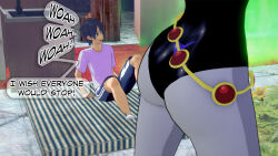ass_focus aware black_hair clothed dc_comics dialogue dogdog english_text glowing grey_eyes raven text rating:Questionable score:1 user:Bootyhunter69