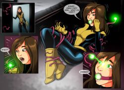 ball_gag bondage brown_eyes brown_hair comic empty_eyes femsub freckles gag green_eyes hypnotic_light hypnotic_tentacle kitty_pryde long_hair marvel_comics open_mouth re-maker super_hero tentacles text x-men rating:Safe score:97 user:Cell