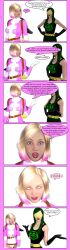 3d absurdres blonde_hair comic costume dialogue female_only femdom femsub green_hair gwen_poole gwenpool humor hypnotic_accessory marvel_comics spiral_eyes super_hero symbol_in_eyes text theheckle rating:Questionable score:39 user:theheckle