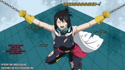 absurdres angry black_hair bondage breasts cape chains closed_eyes collar dialogue doggos_doujins electricity female_only femsub gloves grey_eyes kneeling large_breasts mole my_hero_academia nana_shimura open_mouth raiha restrained solo super_hero tech_control text tied_hair tongue torn_clothes wounds rating:Explicit score:24 user:JustChilling