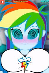animated animated_gif blue_skin blush bouncing_breasts breasts breasts_outside censored cleavage embarrassed equestria_girls exposed_chest female_only femsub large_breasts long_hair multicolored_hair my_little_pony rainbow_dash rainbow_hair shirt shirt_lift signature spiral_eyes symbol_in_eyes undressing uzzi-ponydubberx rating:Explicit score:92 user:Hypnosex
