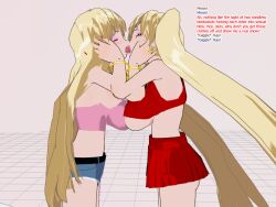 3d 3d_custom_girl bimbofication blonde_hair bottomless bracelet crop_top french_kiss henshin-san jean_shorts kissing long_hair makeup miniskirt multiple_girls multiple_subs no_panties simple_background text twintails underboob rating:Explicit score:7 user:RayX