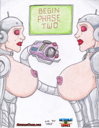 absurdres armor breasts camera crash drone expressionless female_only helmet large_breasts multiple_girls nipples original red_eyes robot standing standing_at_attention tech_control topless rating:Questionable score:9 user:Sleepyhead97