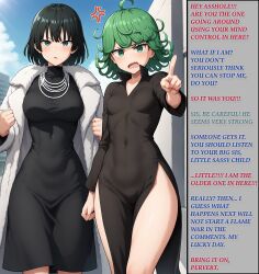  ai_art angry before_and_after black_hair dress fubuki_(one_punch_man) fur_coat green_hair humor meta one_punch_man rule_of_thetra_(generator) rule_of_thetra_(manipper) short_hair sisters stable_diffusion_(ai) tatsumaki_(one_punch_man) text thick_thighs  rating:safe score: user:r_of_tetra