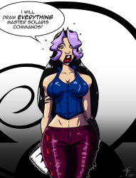 bare_shoulders black_hair book breasts cleavage dialogue female_only femsub lakehylia large_breasts lipstick long_hair maledom midriff multicolored_hair open_mouth original pants purple_hair solaris_(zombifier) solo spiral spiral_eyes standing standing_at_attention symbol_in_eyes text rating:Questionable score:19 user:hypno
