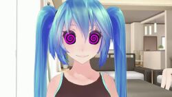  3d animated animated_eyes_only animated_gif bare_shoulders blue_hair breasts clothed female_only femsub helenahunter large_breasts miku_hatsune miku_hypno mmd smile solo spiral_eyes symbol_in_eyes twintails vocaloid  rating:safe score: user:hypnobae