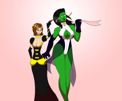 absurdres black--wave black_hair brain_injection breasts brown_hair cleavage collar female_only feminization femsub glowing glowing_eyes green_eyes green_skin janet_van_dyne large_breasts long_hair marvel_comics open_mouth princess princessification she-hulk super_hero the_avengers wasp rating:Questionable score:22 user:Skellos