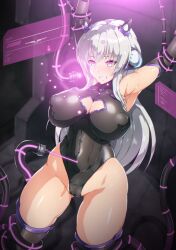 armpits arms_above_head beam blush breasts cables cameltoe cleavage corruption empty_eyes erect_nipples erect_nipples_under_clothes gloves glowing glowing_eyes hair_ornament hasumi headphones huge_breasts large_breasts leotard long_hair mission_mermaiden nelofox opera_gloves pink_eyes resisting restrained silver_hair sweat tech_control thick_thighs thigh_boots thighhighs wires rating:Questionable score:19 user:VortexMaster