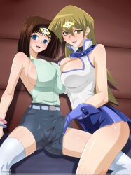 absurdres alexis_rhodes blonde_hair blue_eyes blush breast_press breasts brown_hair cleavage edjim empty_eyes female_only femsub fingering gloves happy_trance huge_breasts large_breasts long_hair looking_at_viewer magic open_mouth short_hair sideboob smile symmetrical_docking tea_gardner thighhighs yu-gi-oh! yu-gi-oh!_gx yuri rating:explicit score: user:roxa