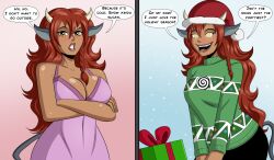 allison_(argonis) before_and_after christmas cow_girl dark_skin dialogue femsub glowing glowing_eyes happy_trance hat horns long_hair original polmanning red_hair santa_hat spiral_eyes sweater symbol_in_eyes text yellow_eyes rating:Questionable score:103 user:Argonis