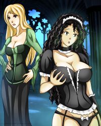 bellatrix_lestrange black_hair blonde_hair breasts brown_eyes choker cleavage corset dazed female_only glowing glowing_eyes harry_potter_(series) holding_breasts huge_breasts magic maid maid_headdress narcissa_malfoy open_mouth panties shadako26 skirt standing standing_at_attention turning_the_tables underwear witch rating:questionable score: user:grim