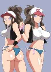  ass blue_eyes breasts brown_hair condom condom_accessories cum dd empty_eyes femsub glowing glowing_eyes hat hilda jean_shorts large_breasts midriff nintendo pokemon pokemon_black_and_white ponytail short_shorts shorts used_condom  rating:explicit score: user:disastermaster55