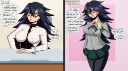angry before_and_after black_hair breasts erect_nipples female_only femsub glasses happy_trance large_breasts long_hair mask my_hero_academia nemuri_kayama polmanning school_uniform skirt super_hero text rating:Safe score:144 user:Pyrocynical