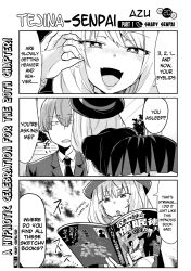 blonde_hair blush book comic confused dialogue failed_hypnosis greyscale hat humor long_hair magical_sempai magician open_mouth right_to_left sempai_(magical_sempai) short_hair skirt smile suit text tie rating:Safe score:53 user:RedCollarBlackCollar