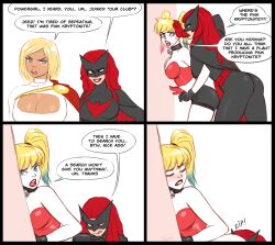 batman_(series) batwoman blonde_hair blue_eyes blush breasts cape cleavage cleavage_cutout collar comic dc_comics english_text female_only flick-the-thief gloves harley_quinn kate_kane large_breasts lip_biting long_hair mask power_girl red_hair speech_bubble super_hero superman_(series) text twintails western yuri rating:Questionable score:123 user:LesLes
