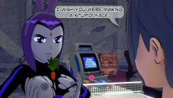 angry arcade_game black_hair breasts bunny_ears carrot clothed dc_comics dialogue dogdog english_text femsub goth grey_skin maledom nipples purple_eyes purple_hair raven text time_stop torn_clothes rating:Explicit score:1 user:Bootyhunter69