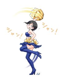 black_hair blush body_control boots cheerleader dancing embarrassed female_only femsub hair_covering_one_eye high_heels midriff mo_dame_kuuki original resisting skirt solo sweat text thigh_boots rating:Questionable score:48 user:Sleepyhead97