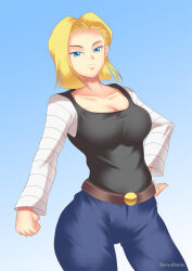 android_18 blonde_hair blue_eyes breasts cleavage dragon_ball haryudanto large_breasts short_hair rating:Questionable score:53 user:TheGoodShank