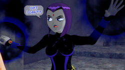 aware clothed dc_comics dialogue dogdog english_text female_only goth grey_skin magic purple_eyes purple_hair raven solo text rating:Safe score:1 user:Bootyhunter69