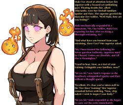  bloodhood breasts caption cleavage femsub fire_force flame ghost13_(writer) icontrol_(manipper) large_breasts maki_oze manip spiral_eyes suspenders symbol_in_eyes text  rating:questionable score: user:icontrol