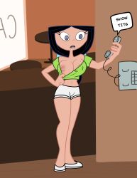 absurdres black_hair blue_eyes crop_top erect_nipples erect_nipples_under_clothes expressionless female_only femsub isabella_garcia-shapiro leneeh long_hair midriff navel no_bra one_breast_out phineas_and_ferb phone ponytail shirt shirt_pull short_shorts shorts solo spiral_eyes standing symbol_in_eyes text trigger undressing undressing_command waitress rating:Explicit score:84 user:msipp27