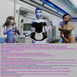 3d blue_hair blue_skin bottomless breasts brown_hair caption d.va dialogue female_only femdom femsub happy_trance hypnotic_accessory long_hair maid microchip nude open_mouth overwatch ponytail smile sombra_(overwatch) spllcstr tech_control text topless widowmaker rating:Explicit score:18 user:Spllcstr