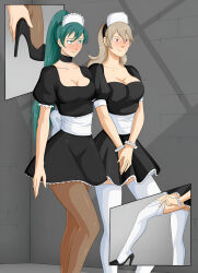 blush bracelet choker cleavage_cutout comic corrin_(fire_emblem) dressing empty_eyes female_only femdom femsub fire_emblem fire_emblem_awakening fire_emblem_fates fire_emblem_the_blazing_blade green_eyes green_hair grey_hair happy_trance high_heels long_hair lyndis maid maid_headdress multiple_girls multiple_subs nintendo oo_sebastian_oo pantyhose ponytail red_eyes smile standing tagme thighhighs very_long_hair rating:Questionable score:131 user:wokeat4am