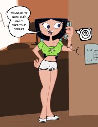 absurdres bare_legs bare_shoulders black_hair blue_eyes breasts cleavage crop_top dialogue disney erect_nipples erect_nipples_under_clothes female_only hand_on_hip huge_breasts isabella_garcia-shapiro large_breasts legs leneeh long_hair midriff navel open_mouth phineas_and_ferb phone ponytail short_shorts shorts smile solo spiral standing text trigger waitress rating:Questionable score:44 user:JustChilling