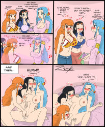 absurdres bed black_hair blue_hair blush bottomless breast_sucking breasts cleavage comic cunnilingus dancing female_only femdom femsub happy_trance hypnotic_dance hypnotic_gas large_breasts long_hair nami_(one_piece) nefertari_vivi nico_robin nude one_piece oral orange_hair pussy pussy_juice text topless yuri zronku rating:Explicit score:276 user:viltai