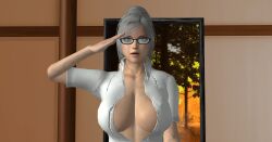 3d absurdres bedroom bobboxbody breasts expressionless female_only femsub glasses large_breasts meiko_shiraki open_shirt prison_school ring saluting silver_hair rating:Questionable score:10 user:bobboxbody