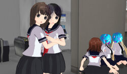 3d 3d_custom_girl black_hair blonde_hair brown_hair femsub grey_hair multiple_girls original parasite school_uniform sitting rating:Questionable score:8 user:Sleepyhead97