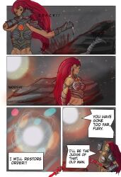 abs absurdres armor blood comic darksiders darksiders_3 fury_(darksiders) long_hair red_eyes red_hair simple_background takizaki text whip rating:Questionable score:6 user:TheMadPrince