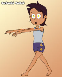 barefoot brown_hair clothed dazed disney female_only femsub luz_noceda open_mouth pajamas satoshi_takei simple_background solo the_owl_house yellow_eyes zombie_walk rating:safe score: user:darkprisoner