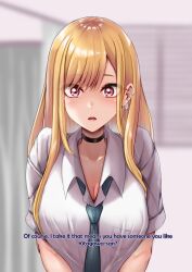 amagiri_miki blonde_hair blush breasts choker cleavage collarbone earrings femsub hard_translated large_breasts long_hair marin_kitagawa my_dress-up_darling open_mouth red_eyes school_uniform text tie tongue translated rating:Safe score:10 user:roseateheart