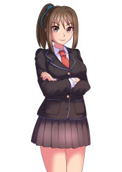  581 bangs before_and_after breasts brown_eyes brown_hair crossed_arms female_only femsub large_breasts original ponytail school_uniform short_skirt simple_background skirt smile solo thighs tie white_background  rating:safe score: user:bugmenotencore