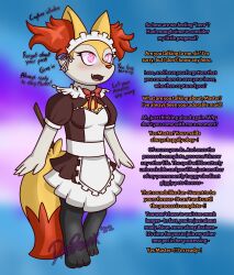  braixen daybreak dialogue fangs femsub furry happy_trance headdress maid maid_headdress nintendo open_mouth pokemon pokemon_(creature) red_eyes solo spiral_eyes symbol_in_eyes text  rating:questionable score: user:xavierbro-13