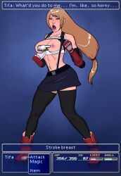 bimbofication blonde_hair brain_drain breast_expansion breasts cleavage corruption english_text female_only femsub final_fantasy final_fantasy_vii large_breasts long_hair open_mouth text tifa_lockhart topless transformation vitalis rating:Questionable score:43 user:Bossman