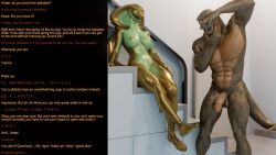 3d abs arden_(thalarynth) aware becca_(thalarynth) bottomless breasts caption dialogue femdom furry humor lizard_boy malesub manip muscle_boy nude original penis scalie sleep_command snake_girl tail text thalarynth_(manipper) topless trigger rating:Explicit score:11 user:Thalarynth