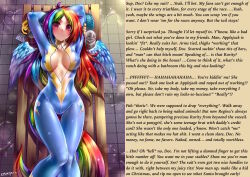 bodysuit breasts caption caption_only cleavage clothed consensual emperpep femsub hawkeye_(writer) horse_girl large_breasts long_hair male_pov maledom manip my_little_pony pet_play pov pov_dom rainbow_dash text wings rating:Safe score:75 user:Hawkeye