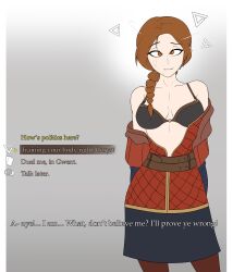 absurdres bra breasts brown_hair cerys_an_craite_(witcher_3) cleavage crossed_eyes dazed dialogue english_text femsub happy_trance humor large_breasts magic maledom nexus_light ponytail smile text the_witcher the_witcher_3 underwear undressing rating:Questionable score:198 user:brodart12367