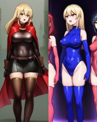 bare_shoulders before_and_after blonde_hair blush breasts cape clothed elena_(torazu) enemy_conversion erect_nipples female_only femsub gloves large_breasts leotard long_hair multiple_girls multiple_subs navel nipples open_mouth opera_gloves orange_eyes original skirt standing standing_at_attention thighhighs tight_clothing torazu rating:Questionable score:43 user:JustChilling